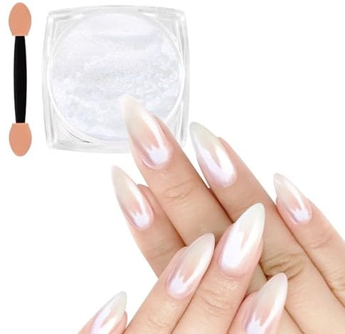 Allstarry White Pearl Chrome Nail Powder, Iridescent Aurora Powder Metallic Mirror Effect Glitter Powder Pearlescent Ice Transparent Mermaid Pigment Pearl Glitter Dust for Nail Art Decoration