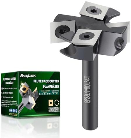BALUGAEA Planfräser für Oberfräsen mit 8 mm Schaft – 38,1 mm Schnittdurchmesser – ausgestattet mit 4 austauschbaren Hartmetallmessern 12 x 12 mm, Fräser zum Planfräsen, Nutfräsen und Kantenfräsen