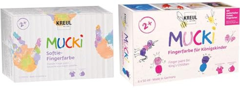 Kreul 2321 - MUCKI Softie-Fingerfarbe, 6 x 150 ml, Pastellfarben auf Wasserbasis & 23051 - Mucki Fingerfarbe für Königskinder, 6 x 50 ml in Weiß