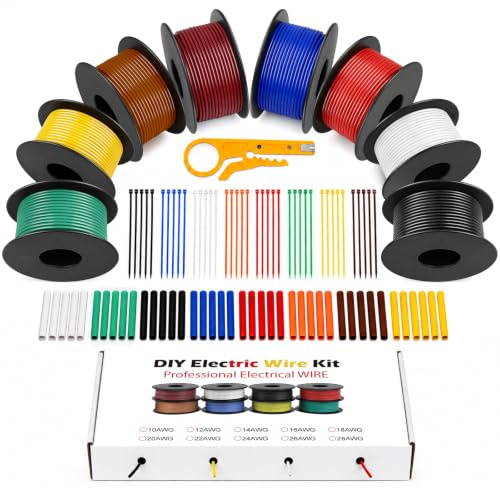 DEKIEVALE Kit Cavo Silicone 20AWG, Filo Elettrico 0,5 mm² in Rame Stagnato, 8 Colori, 5 m per Rotolo, con Guaina Termorestringente, Fascette e Spellafili per Elettronica, RC, Batterie e Fai da Te