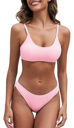 Fanuerg - Costume da bagno da donna a costine con scollo rotondo e sfacciato testurizzato a due pezzi, Rosa chiaro, M