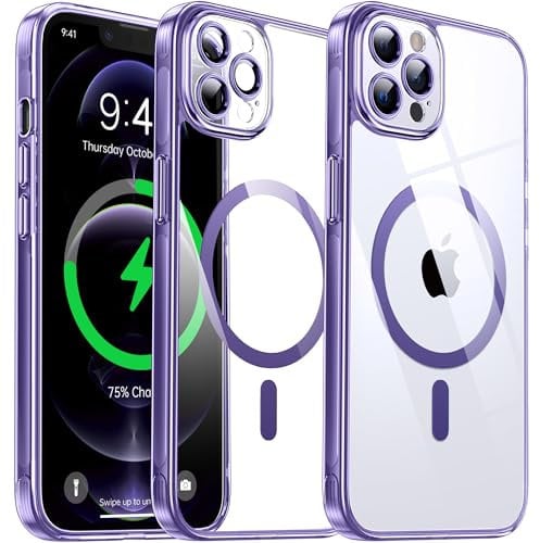 Flyzoo Clear Magnetic Case for iPhone 12 Pro Max (6.7'') Compatible with MagSafe & Camera Protector, [Non-Yellowing] [Shockproof & Antiscratch Protection] Hard Transparent Cover with Silicone, Purple