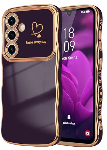 LCHULLE Compatibile con Samsung Galaxy A15 4G/5G Cover cuore d'amore Custodia con forma ondulata e riccia ragazze Protezione fotocamera Cover galvanizzata Custodia per Samsung A15 4G/5G Viola scuro