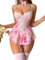 GORGLITTER Women's Floral Lace Lingerie Sets 3 Piece Carter Sexy Cut Out Sleeveless Bodysuit And Tights Set Pink S