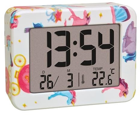 TFA Dostmann Unicorn Kinder Wecker Mini, 60.2044.41, mit Datum und Innentemperatur, Weckalarm, batteriebetrieben, für Kinderzimmer, Schultüten, Einhorn Motiv