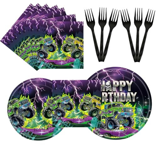 Lot de 96 fournitures de fête d'anniversaire Monster Truck - Décorations de fête sur le thème des monstres - Vaisselle, assiette, serviette, fourchette, assiette et serviette d'anniversaire Monster