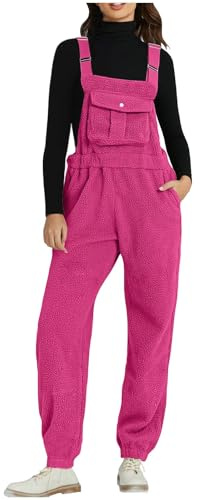 Flodxo Fleece-Jumpsuits für Damen, Teddy-Fleece-Overall mit Tasche, warme Damen-Latzhose, gerades Bein, Ski-Trägerhose, lässiger Thermo-Strampler, flauschige Spielanzüge, Urlaub, Urlaub, hot pink, M