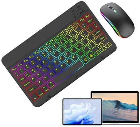 Tastiera e mous wireless retroilluminati | Tastiera retroilluminata a 7 colori con 2 modalità di illuminazione | Set tastiera e mous portatili sottili per tablet, laptop, PC | Ideale per scuola,
