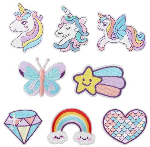 8pcs Dreamy Unicorn Iron On Patches for Girls - 8 Styles Embroidered DIY Sew Applique Repair Patch Rainbow Heart Butterfly Diamond for Kid Cloth Backpack Hat Jean Dress