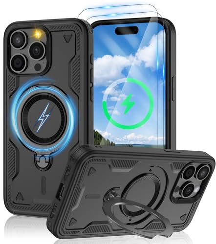 Jshru 3 in 1 Magnetic for iPhone 15 Pro Max Case,Compatible with MagSafe | Built-in Stand | 2 Pack HD Screen Protector,Military-Grade Shockproof Protective Cover for iPhone 15 Pro Max,Black