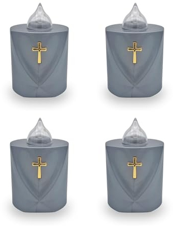 AROBA 4x LED Grabkerze Trauerlicht - Flackereffekt wie echte Kerze - lange Brenndauer bis 120 Tage - wiederverwendbar Friedhofskerze Gedenkkerze Dauerkerze - silber Heiliges Kreuz
