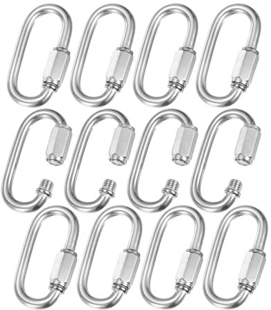 M METERXITY 12-Pack Quick Chain Link Connector, M6 1/4 304 Stainless Steel D-Shape Locking Repair Chain Links for Swing/Camping/Hiking/Backpack, Twist Key Ring Screw Chain Link [Silver]