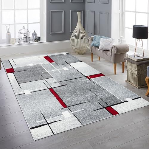 Teppich-Traum Gästezimmerteppich Wohnzimmer pflegeleicht Strichmuster in dezenten Rot- und Grautönen 160 x 220 cm