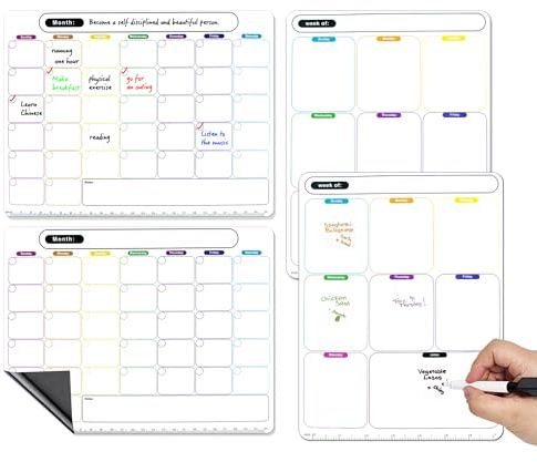 Lavagna Magnetica Frigo, Calendario Magnetico Frigo, Lavagna Settimanale Cancellabile, Frigorifero, Ufficio e Cucina Planner Mensile, Lavagna Settimanale, Menu Settimanale Planner 4 Pz.