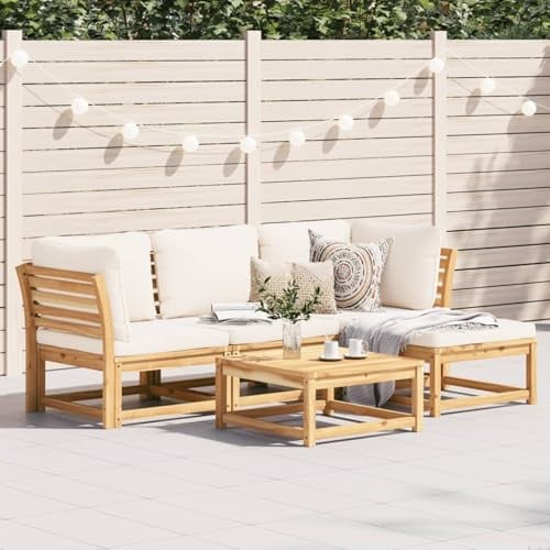 IKAYAA Gartenmöbel Set Holz Gartenlounge Outdoor Terrassenmöbel Set Holz Gartenlounge Akazien-Massivholz Ecklounge Outdoor Gartensofa 5-TLG-3 Creme