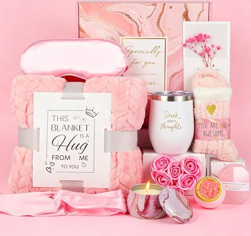 CANIYA Self Care Gifts Get Well Soon Birthday Gifts for Women, Relaxing Rose Spa Gifts Basket Care Package W/Flannel Blanket, 11 Pcs Spa Gifts for Women, Mothers Day Gifts for Mom Her Friend Wife