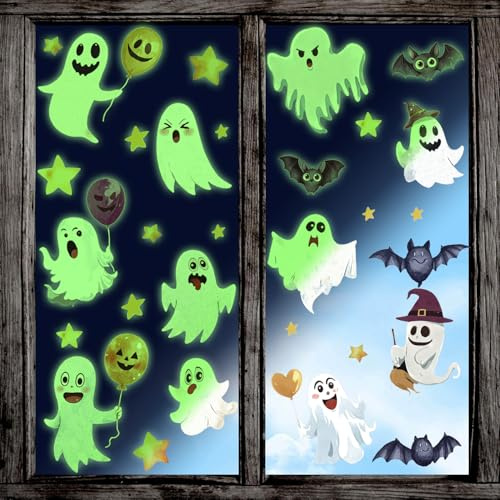 HPNIUB Leuchtende Halloween-Fensterbilder Niedliche Geister & Fledermaus Aufkleber Kürbis Fensterfolien für Schule Zuhause Büro Dunkel leuchtende Party Deko