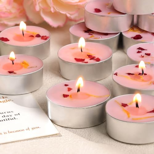 15PCS Rose Scented Tealight Candles, Tea Lights Candles with Dried Flowers, 4H Smokeless Palm Wax Pink Tea Candle for Weddings,Christmas,Spa, Bath