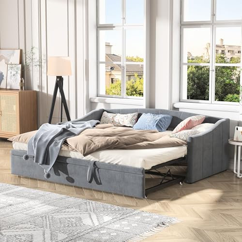 BRILVERDE Doppelschlafsofa, Schlafcouch Ausziehbar 90/180 x 200 cm, Klappsofa mit Lattenrost, Couch Bett 2 Sitzer mit Schlaffunktion, Sofabett, Samt, Grau (Ohne Matratze) (Grau-b)