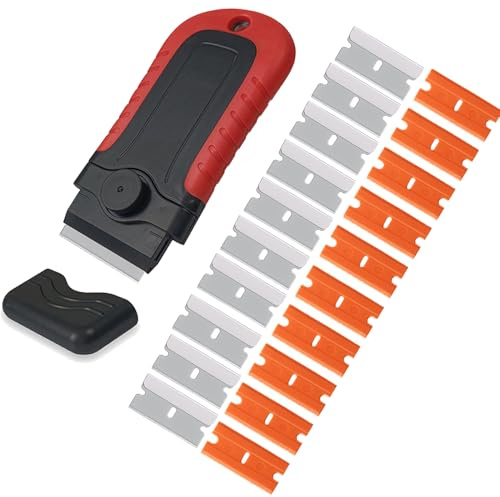 Ceramic Hob Scraper, Glass Squeegee Cleaning Tool with Replacement Metal and Plastic Blades for Window, Stove, Oven, Cooker, Kitchen, Floor (Single Red and Black + 20 Blades)