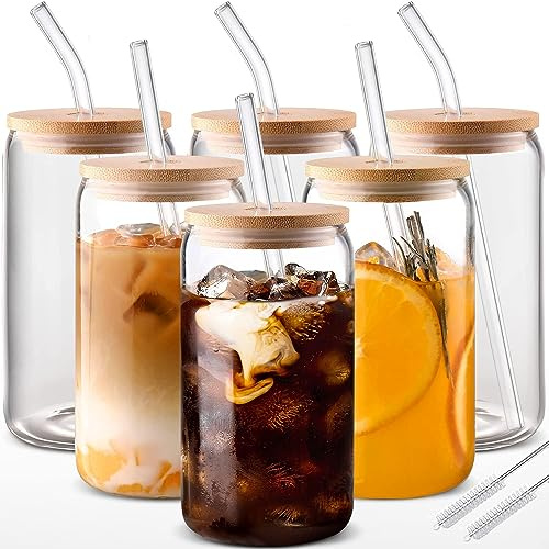 MHDCLY Glass Cups with Lids and Straws 6 pcs, 16 oz-Cute Tumbler,Beer Drinking Glasses,Clear for lcedCoffee, Tea with Bamboo Lids for Gifts