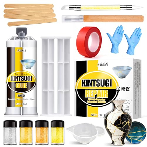 Kintsugi Kit de reparación, Kintsugi japonés, kit con 50 ml de pegamento cerámico de grado alimenticio, 4 colores (oro/plata/mica) en polvo para reparación de cerámica rota, porcelana, cuencos y tazas