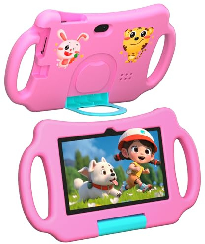 Vyrolina Kinder-Tablet-PC 7 Zoll Android 12.0 für Kleinkinder, 4 GB RAM 32 GB ROM Bluetooth IPS-Bildschirm Kindersicherung Iwawa APP Dual-Kamera stoßfeste Hülle für Lernspiele (Rosa)