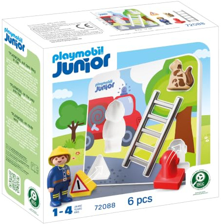 PLAYMOBIL | JUNIOR | Feuerwehr‑Puzzle | Holzpuzzle mit Feuerwehrmann, Katze & Zubehör | Für Kinder ab 1 Jahr | 72088