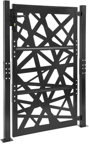 MIUKYUI Moderna puerta de jardín de metal, 105 x 150 cm, con cerradura de seguridad, apertura de 180°, para terraza, jardín, almacén en marrón, negro y blanco, para patio y como protección visual