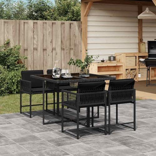 Woonisher Gartenmöbel Set 5-TLG. Essgruppe Schwarz, Esstisch mit 6 Stühlen Set Eckbankgruppe, Terrassenmöbel Außen Poly Rattan mit Kissen für Garten Terrasse