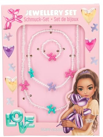 Depesche 14062 TOPModel - Schmuck Set mit Kette, Armband und Ring, aus weißen Perlen und bunten Ballon Hunden, Längenverstellbar und mit Gummiband