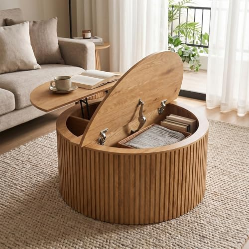 Höhenverstellbarer Runder Eichenholz Couchtisch mit Großem Stauraum und Klappdeckel, 88cm Moderner Kleiner Multifunktionaler Holz Wohnzimmertisch platzsparend für Wohnzimmer und Schlafzimmer