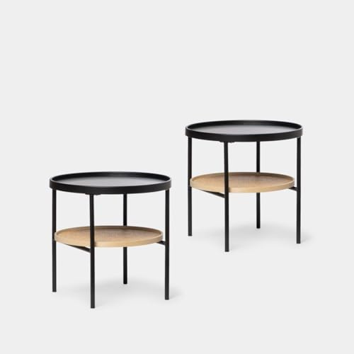 KLAST Beistelltisch aus Metall, natürliches Rattan, Farbe: Natur-Schwarz, 46,5 cm x 45 cm