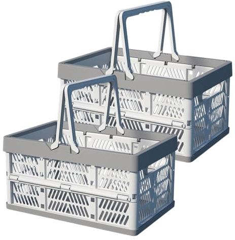 Kleine Klappboxen Faltbar, 2er Set Klappkorb mit Henkel 19L, Grau | Klappkiste Plastik als Einkaufskorb Picknickkorb Wäschekorb und Kofferraum Organizer