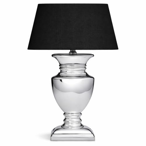 Tischlampe Tischleuchte Keramiklampe 43 cm - Fuß: Silber - Schirm: Schwarz Stoffschirm Nachttischlampe mit Kabelschalter – Platzsparende für Schlafzimmer, Wohnzimmer, Büro – Dekolampe E27 Leselampe