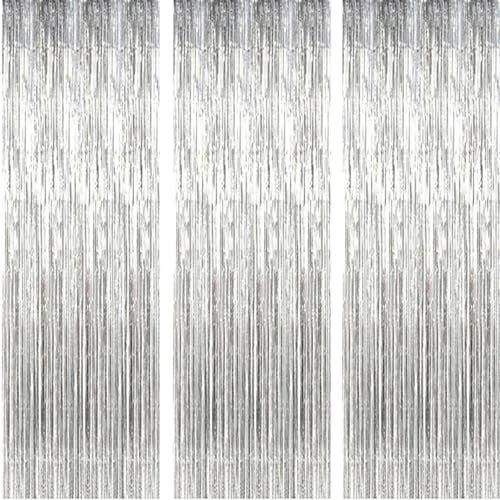 AILEXI 3 Stück Vorhänge, metallisch, glitzernd, Blätter, Fransen, Vorhang für Tür, Fenster, Dekoration, für Geburtstag, Hochzeitszubehör, 92 x 245 cm – Silber
