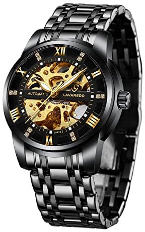 A ALPS Herren Uhren Automatikuhr Mechanische Skelett Glasboden Römische Zahlen Diamant Zifferblatt Wasserdicht Schwarz Männer Armbanduhr mit Edelstahl Armband