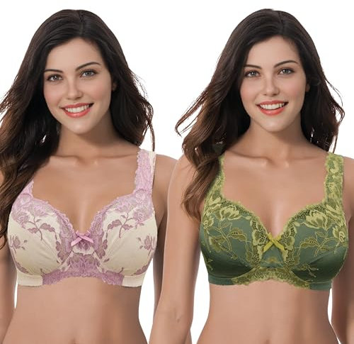 Curve Muse Women's Plus Size Minimizer Unlined Wirefree Lace Full Coverage Bras-2Pack-Deep Lichen Green, Nude-42C (EU:95C)