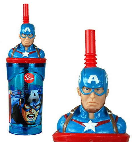 Captain America 3D Figurine Plastic Tumbler Beaker with Flexi Straw - 360ml - 7cm Diameter x 14cm Height - Sturdy Novelty Enclosed Drinking Cup.