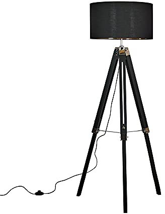 MiniSun | Modern Black Wood and Silver Chrome Tripod Floor Lamp with a Black/Gold Drum Shade | Floor Lamps & Torchieres, Home Décor & Improvement Essential | Includes Bulb [3000K Warm White]