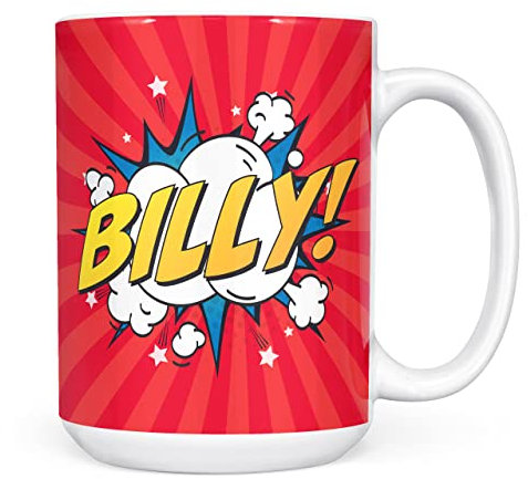 Mug Monster - Personalised Name Mug, Comic Super Hero Customised Gift with Text - Ceramic Coffee Mug/Cup, Gift for Men or Women, Extra Large and Giant Mug Available, 15oz White Mug, Red