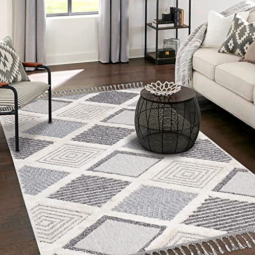 payé Teppich Wohnzimmer - Raute Muster - 140x200cm Creme Grau Blau - Fransen Deko Boho Flauschig - Cut & Loop Sisal - Schlafzimmer Flur Dekoration Läufer - Orientalische Teppiche