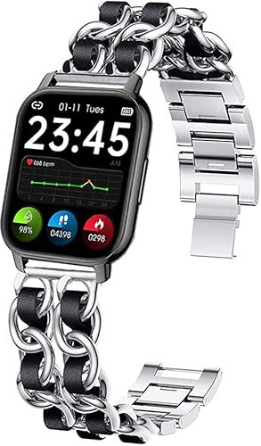 Popglory 1.85 Smart Watch Bands, Jewelry Chain Metal Wristband with Leather Women Bracelet Replacement with Popglory 1.85'' P66 Smart Watch/LESHIDO/LESHIDO CS08 1.85 Smart Watch/CS08/P66 Smart Watch