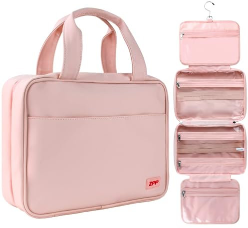 ZPP Reise-Kulturbeutel, Reisetasche mit Haken zum Aufhängen, wasserabweisend, Make-up-Kosmetiktasche, Reise-Organizer für Zubehör, Shampoo, Behälter in voller Größe, Toilettenartikel, Pink, 12.6 x 9.1