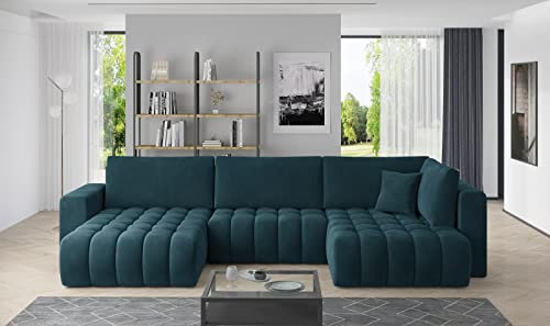 ALTDECOR Ecksofa Links mit Schlaffunktion und Bettkasten mit Gasdruckfeder, Polstercouch in L-Form Links angeordnet, rückenecht gepolstert, ideal als Gästebett - BOTITO 340x170x92 cm Türkis