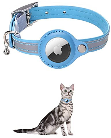 KOCNYDEY Leder reflektierende AirTag Katze Halsband, Anti-Lost Katze Halsband mit Einstellbarer Halterung & Bell integriert Apple Air Tag Katzenhalsband für Katzen kleine Hunde (Blau)