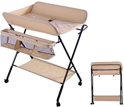 Table à Langer Pliable, Multifonctionnelle avec Panier de Rangement et Barre à Linge, Réglable en Hauteur, 4 Roues Universelles avec Pause (Rose clair)