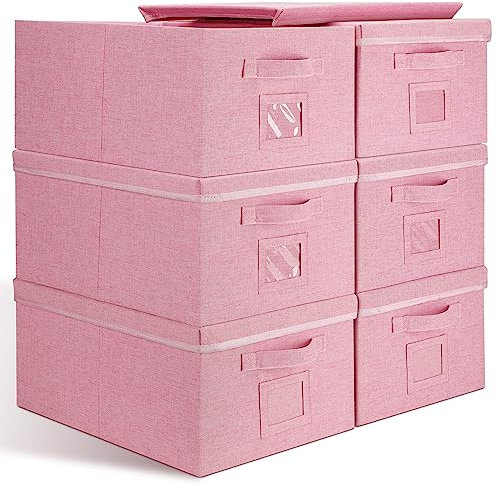 Graciadeco 22.8qt Closet Storage Boxes with Lids Pink Folding Keepsake Storage Bins Stackable Flat Lidded Carboard Storage Contaner for Clothes Barbie Shoes, 6 Pack