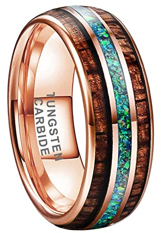 TUTISS Wolfram-Ringe für Herren und Damen, 8 mm, Silber/Schwarz/Rotgold/Rotgold, Verlobungsring, Eheringe aus Koa-Holz, grüner Opal, gewölbt, mit Gravur I Love You, bequeme Passform, Metall, Kein
