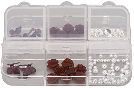 Dark Red Butterfly Nail Charms Set, Glittering 3D Flower Pearl Nail Decoration with 6 Grid Storage Box for Home Salon